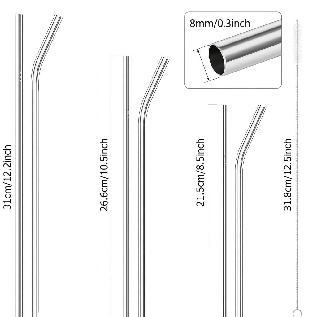 12pcs Reusable Stainless Steel Drinking Straws