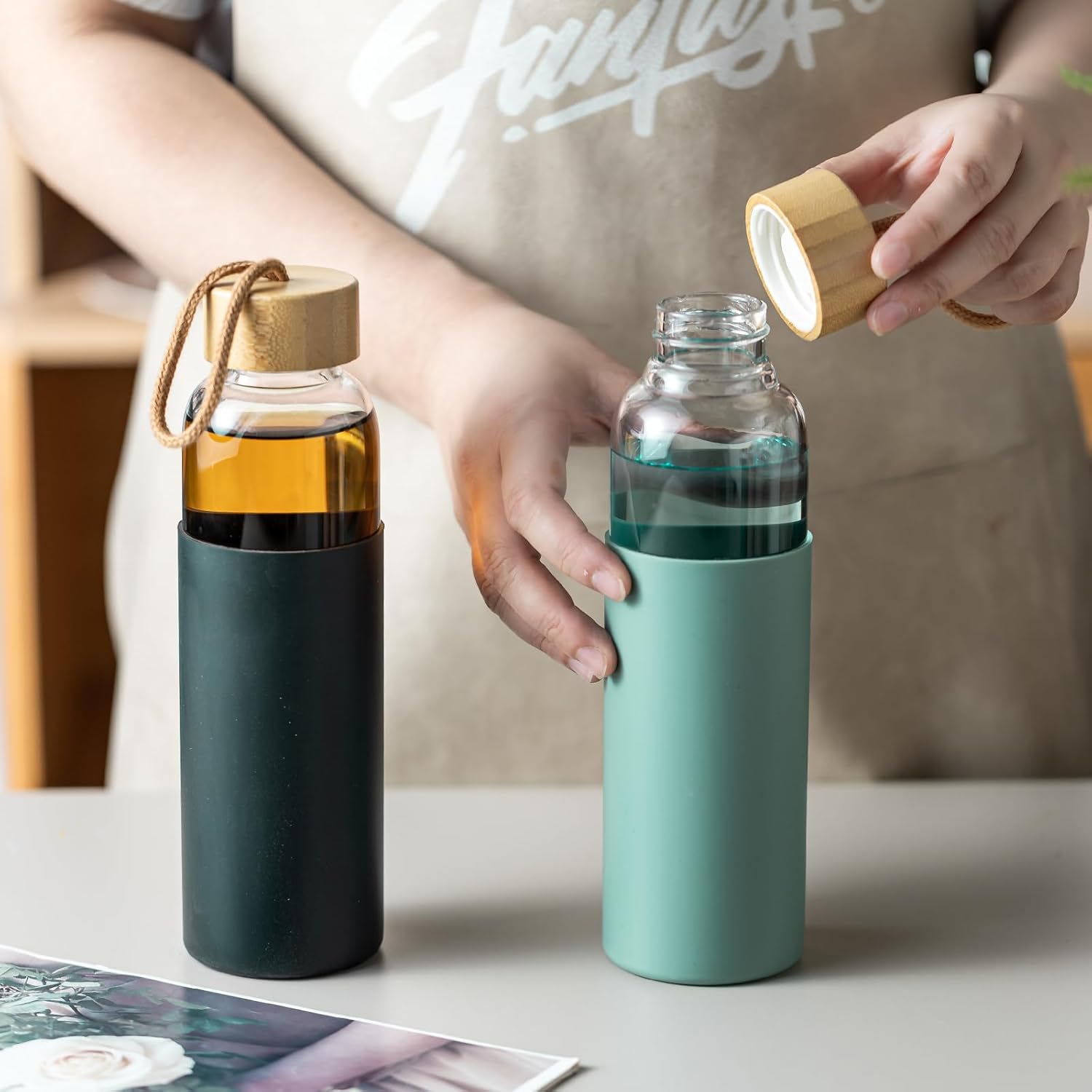 Glass Water Bottle with Bamboo Lid